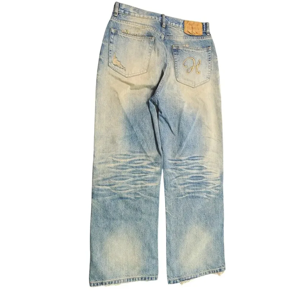 Vintage Faded Wash Distressed Ripped Wide-leg Baggy Denim Jeans Pants Blue sz 31 - Picture 3 of 16